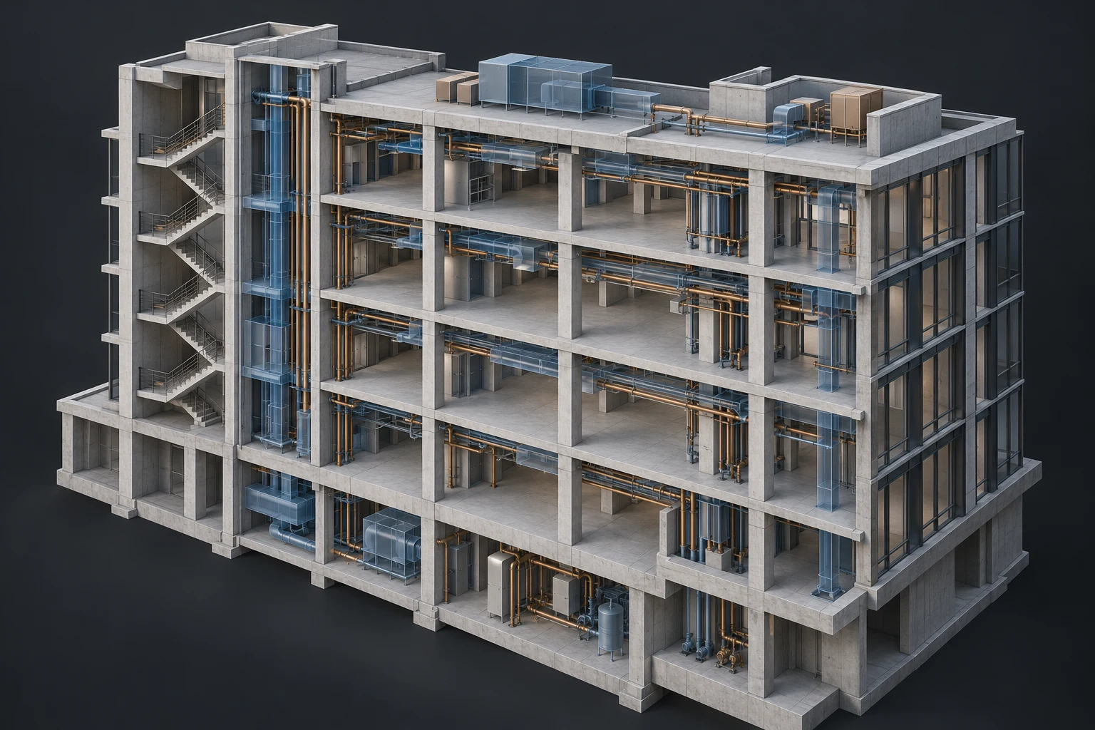 Illustrative visualization of a cutaway concrete building showing structural floors and building services; not a technical analysis model