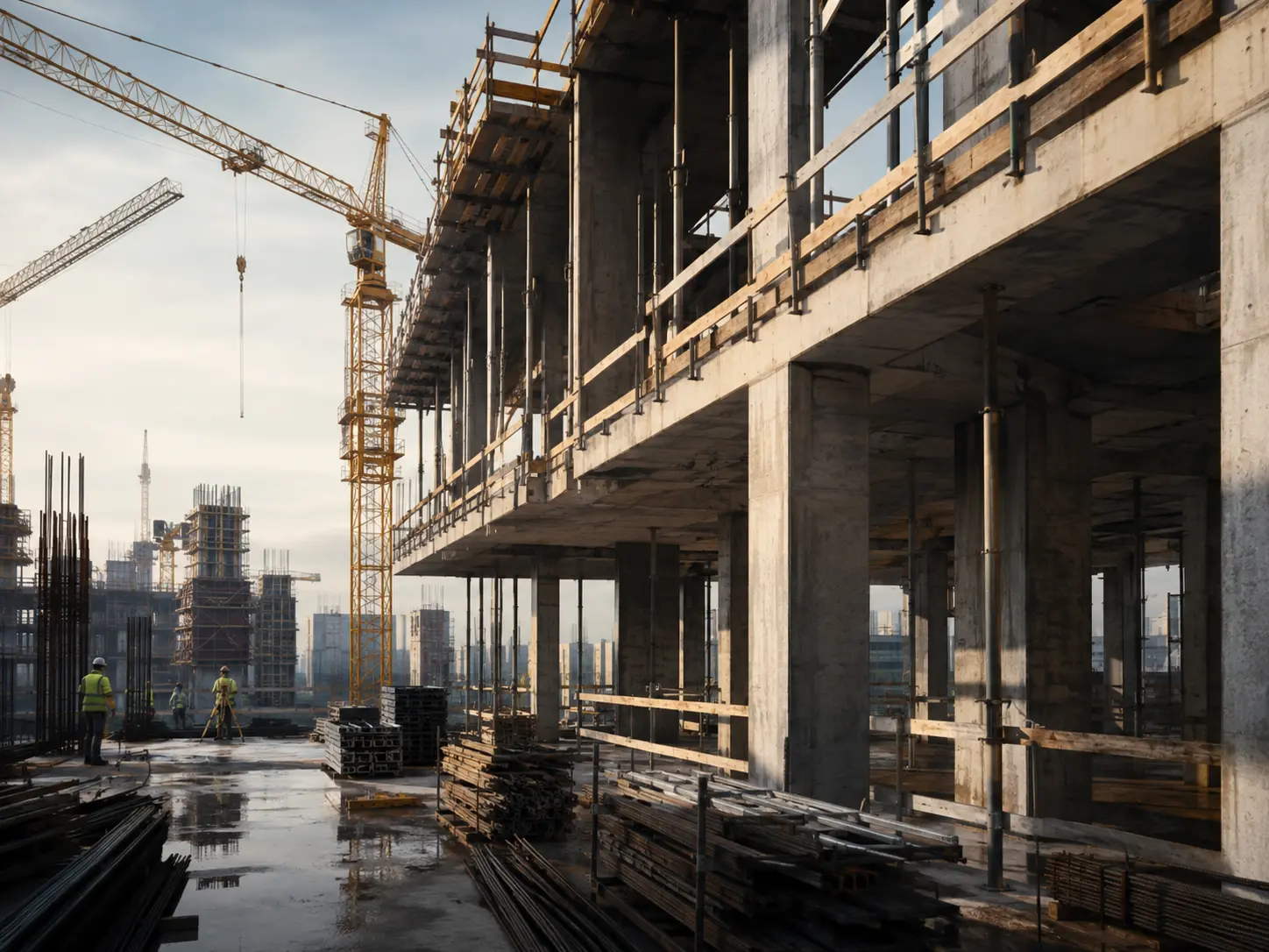 Illustrative construction-site view showing concrete floors and cranes