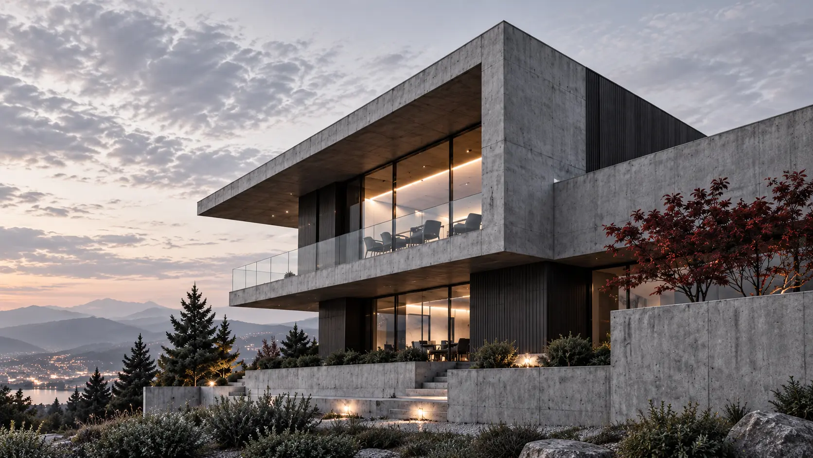 Illustrative cantilevered concrete residence at dusk