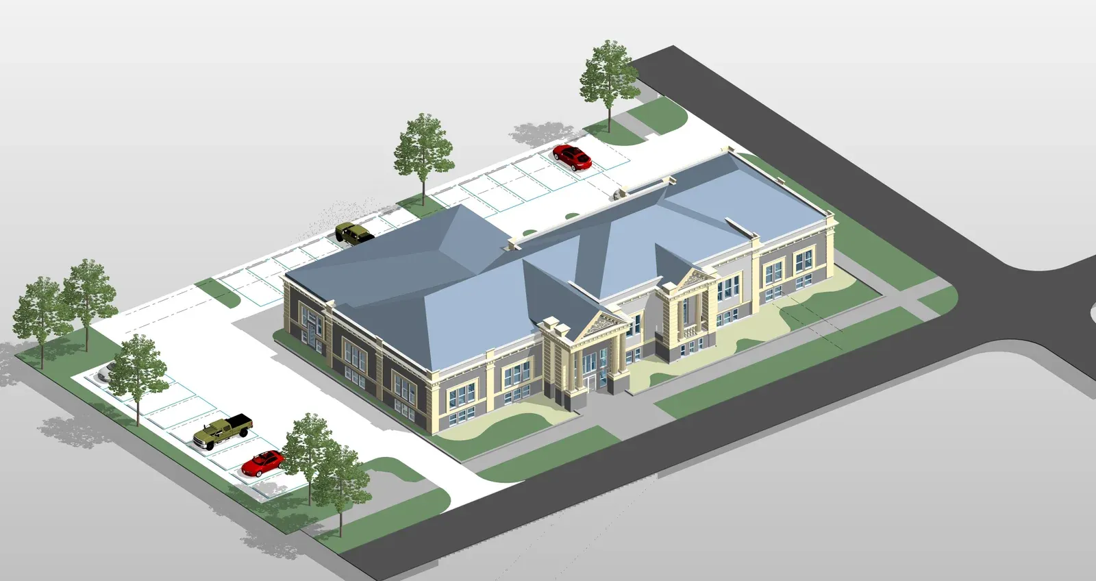 Illustrative axonometric view of Archdraw's architectural BIM model of a library and its surrounding site